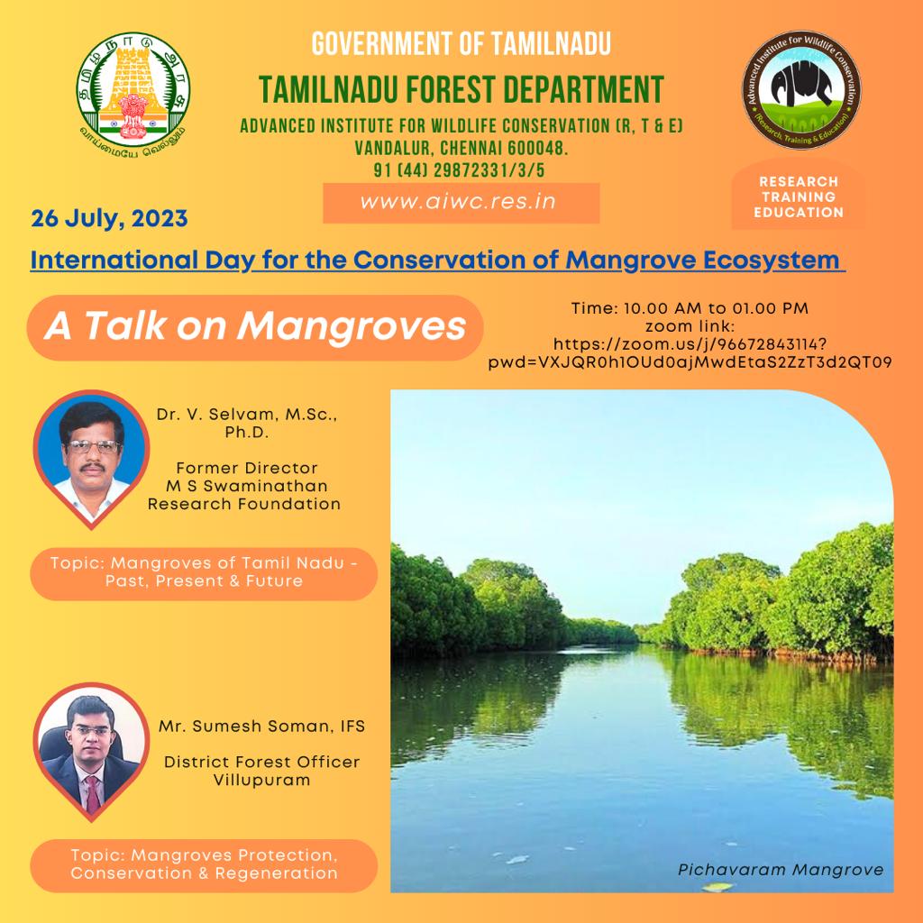 Mangrove Day (July 26) - A Talk @Aiwcrteofficial

“Healthy mangrove forests can mean the difference between life and death during a cyclone.” – UN Environment Programme.  

#TNForest 
#Mangroves 
#Forests 
#Wildlife 
#CoastalEcosystem #MangrovesofTamilNaduInternational