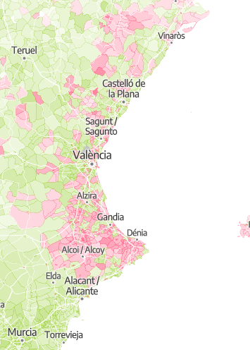 En rosa els llocs on SUMAR ha tret més vots que VOX, i en verd al contrari. 
Oh dios mio! comarcas centrales lo han vuelto a hacer!