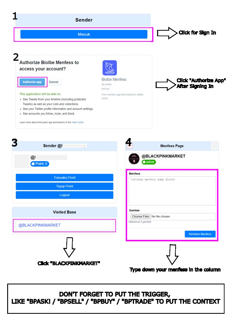 BLACKPINKMARKET's tweet photo. ⚠️BLACKPINKMARKET IS BACK⚠️

[HOW TO SEND MENFESS] 

1. Visit https://t.co/SL6oo4r93H
2. Sign in akun twt kamu 
3. Click "BLACKPINKMARKET" 
4. Tulis Menfess kamu di kolom yang tersedia, upload gambar di kolom bawahnya jika ada gambar yang ingin dilampirkan https://t.co/L9pBzjQ9DR