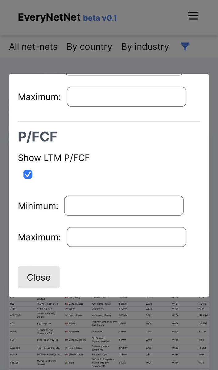everynetnet's tweet image. P/FCF data and filtering is now available 💸

You can:
- Toggle if P/FCF is displayed
- Sort companies by P/FCF
- Filter results based on a minimum and maximum P/FCF value

Any comments or suggestions are appreciated as always.

#netnetstocks
