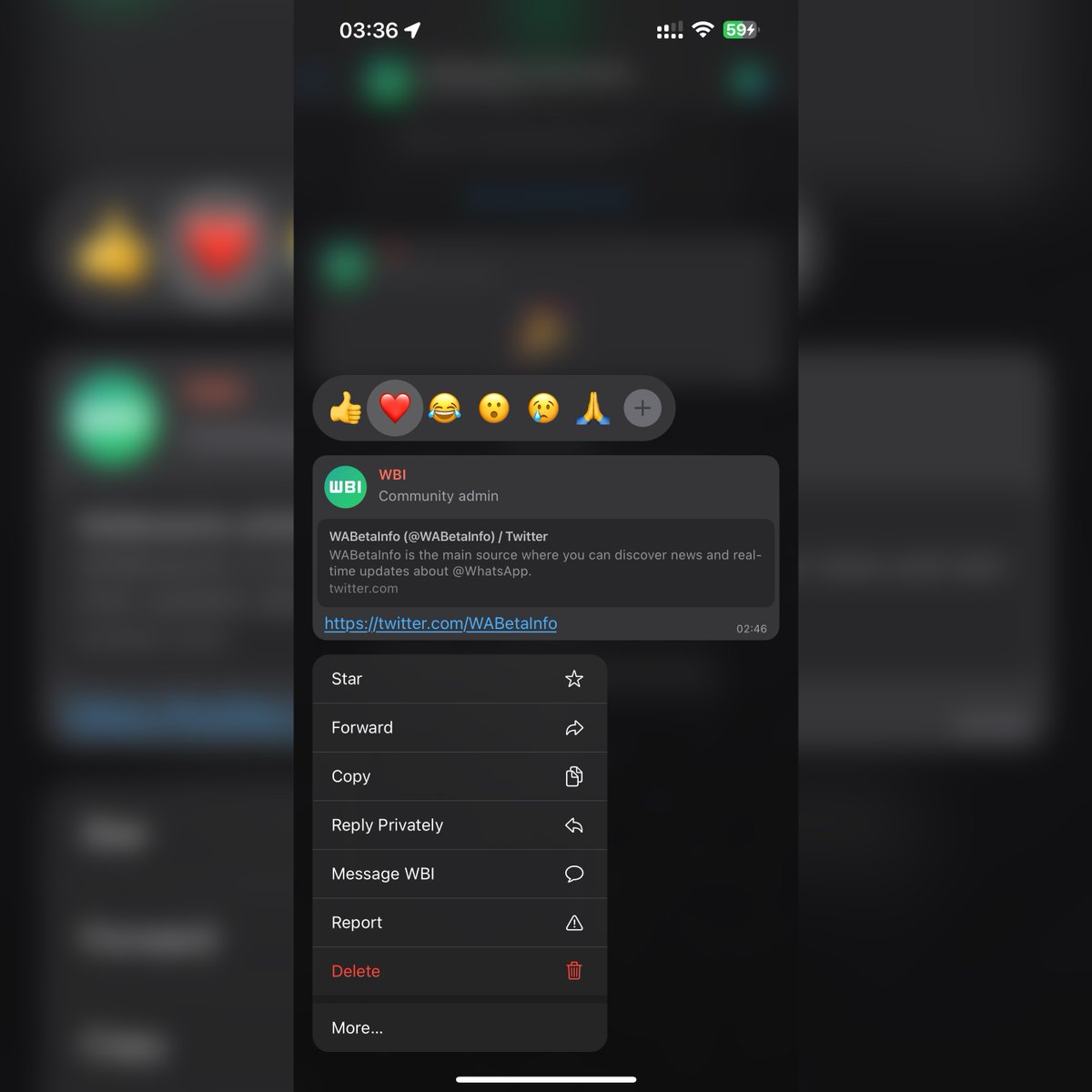 WABetaInfo's tweet photo. 📝 WhatsApp beta for iOS 23.15.1.71: what's new?

WhatsApp is widely rolling out a message reaction feature for community announcement groups, and it’s available to more users today!

https://t.co/c1IwJ72pS4 https://t.co/msqVich9RI