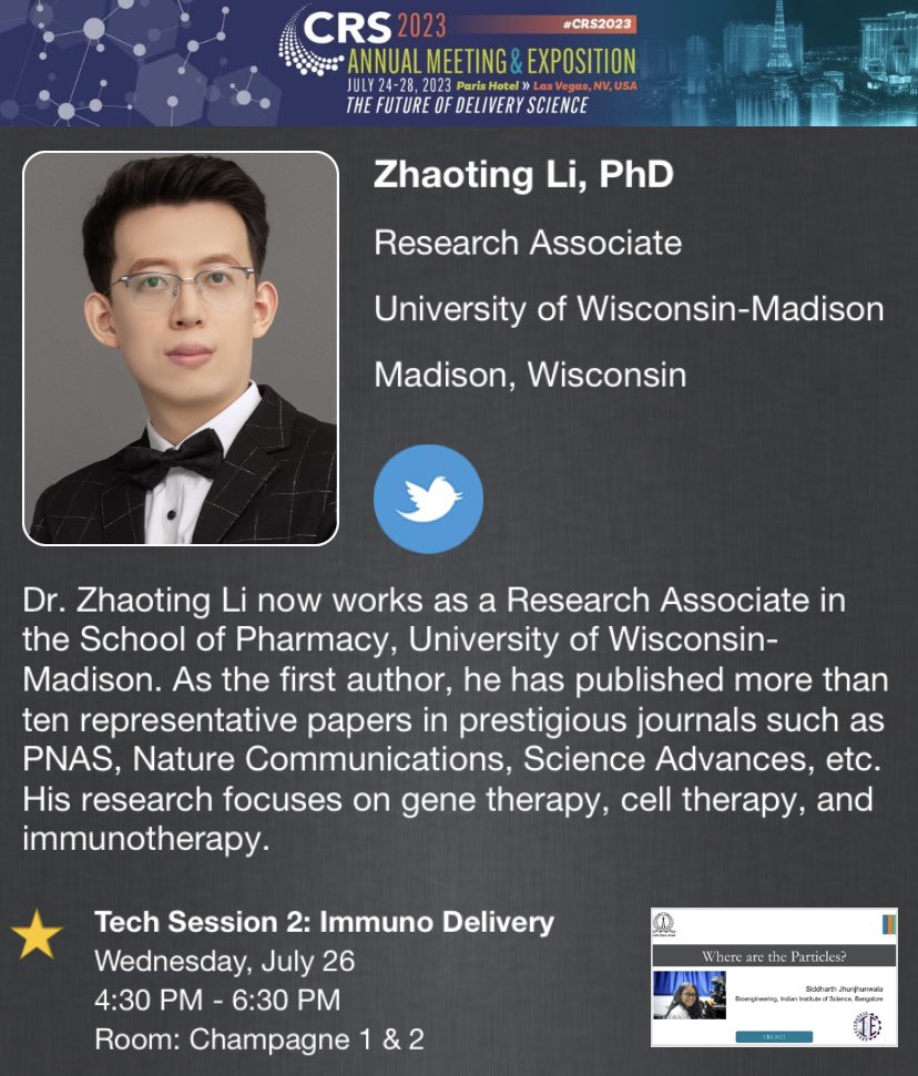 Zhaoting Li (@zhaoting_li) on Twitter photo Happy to be at the #CRS2023 in Las Vegas <a href="/CRS_YSC/">Young Scientist Committee YSC-CRS</a> <a href="/CRSScience/">Controlled Release Society</a>. Welcome to my talk at the Immuno Delivery Session on Wednesday afternoon. Happy to be at the #CRS2023 in Las Vegas <a href="/CRS_YSC/">Young Scientist Committee YSC-CRS</a> <a href="/CRSScience/">Controlled Release Society</a>. Welcome to my talk at the Immuno Delivery Session on Wednesday afternoon.