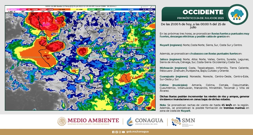 conagua_clima's tweet photo. Para esta noche se pronostican #Lluvias de fuertes a muy fuertes con #DescargasEléctricas y condiciones para caída de #Granizo en regiones de #Nayarit, así como #Chubascos con lluvias fuertes en #Jalisco, #Michoacán, #Guanajuato y #Colima. Detalles, en la imagen https://t.co/02pXIFfViW