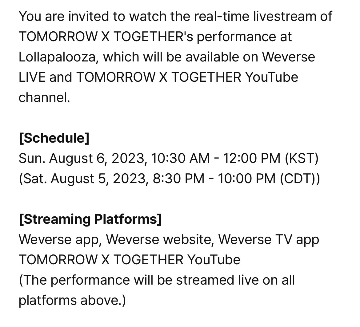 mycyj_txt's tweet photo. งาน lollapalooza วันที่ทีเร้กจะขึ้นแสดงและเป็นเฮดไลเนอร์ของงานจะสตรีมผ่านทาง weverse และผ่านทาง YouTube ของช่อง tomorrow x together ด้วย

เวลาไทย : 6 สิงหาคม 8:30am - 10:00am https://t.co/ndN2LsrRXS