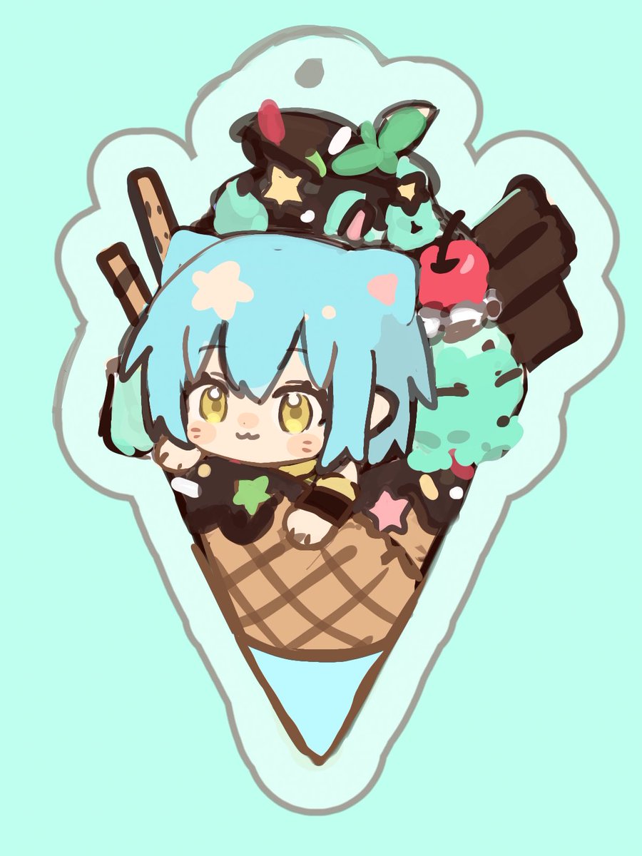 blue hair food yellow eyes :3 solo ice cream animal ears  illustration images