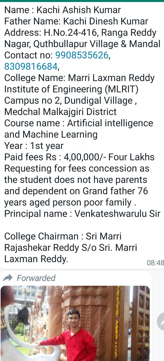 Srisailam32's tweet photo. @KTRBRS నమస్కారం సర్, ఇంజనీరింగ్  విద్యార్థి కాలేజ్ ఫీజు కి ఇబ్బంది పడుతున్నారు. తనకి అమ్మ నాన్న లేరు దయచేసి అదుకోగలరు🙏🙏🙏🙏 https://t.co/XWNMtGTL8O