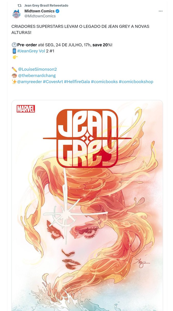 Minissérie solo da Jean Grey #1 já está em pre-venda no @MidtownComics 💙🥰 CUIDAAA !

.
📱PRÉ-VENDA #Jean Grey Vol 2 #1
👉Pegue aqui para o lançamento em 23/08: ow.ly/yS4550PixSZ

✏️ #LouiseSimonson
🎨 #BernardChang
✨#AmyReeder #CoverArt

Após os eventos do #HellfireGala