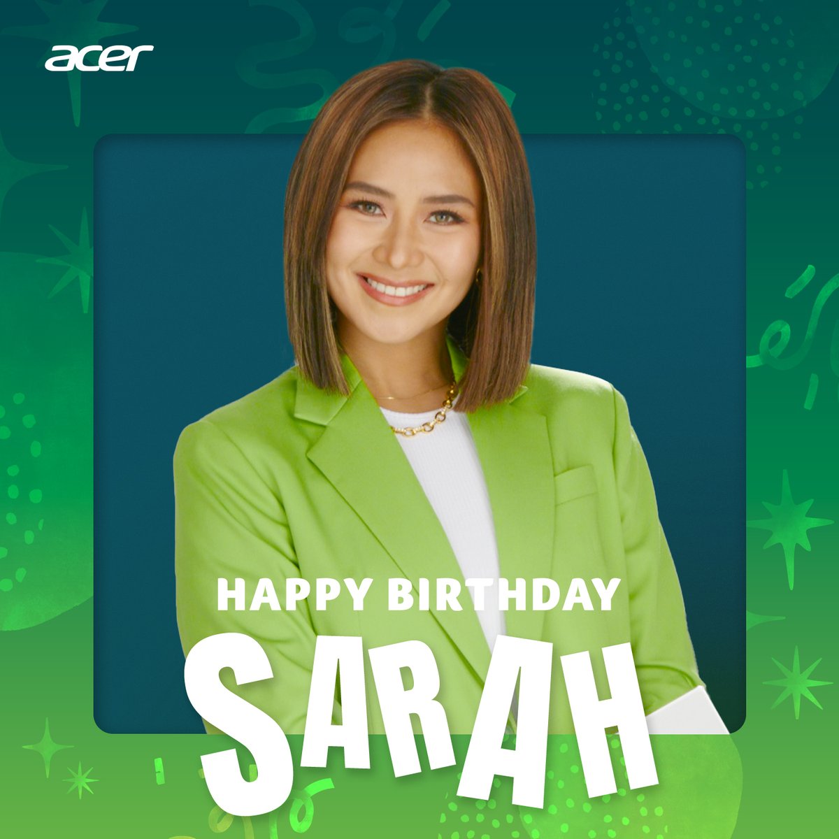 AcerPhils's tweet photo. The only 𝘵𝘢𝘭𝘢 in the sky is celebrating her birthday today!

Join us as we wish the happiest birthday greeting to the one and only Asia's Popstar Royalty, @JustSarahG! Here's to another year full of blessings, love, and success, from your Acer PH family.💚 https://t.co/7zHd6BoDwr