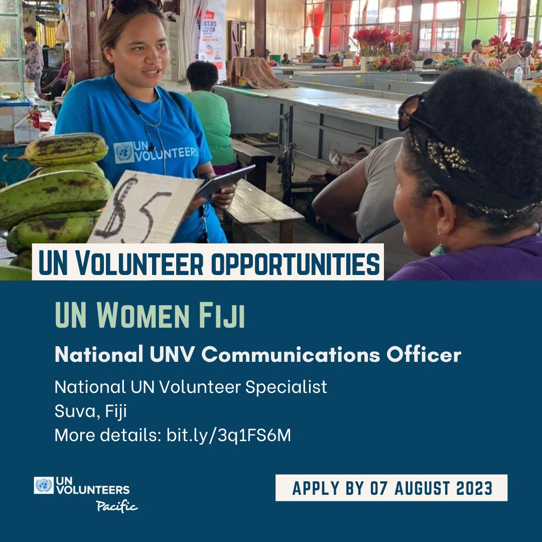 UNVPacific's tweet photo. 📢@unwomenpacific is looking for a National UNV Communications Officer! (to be based in #Suva, #Fiji)
🤝🏽
🇫🇯 Open to Fiji nationals
Apply🔗https://t.co/ITTePpuHKz 07 August 2023
#UN #UNVolunteers #unitednations #UNWomen #Fiji #Communications https://t.co/0Kyovxh0a7
