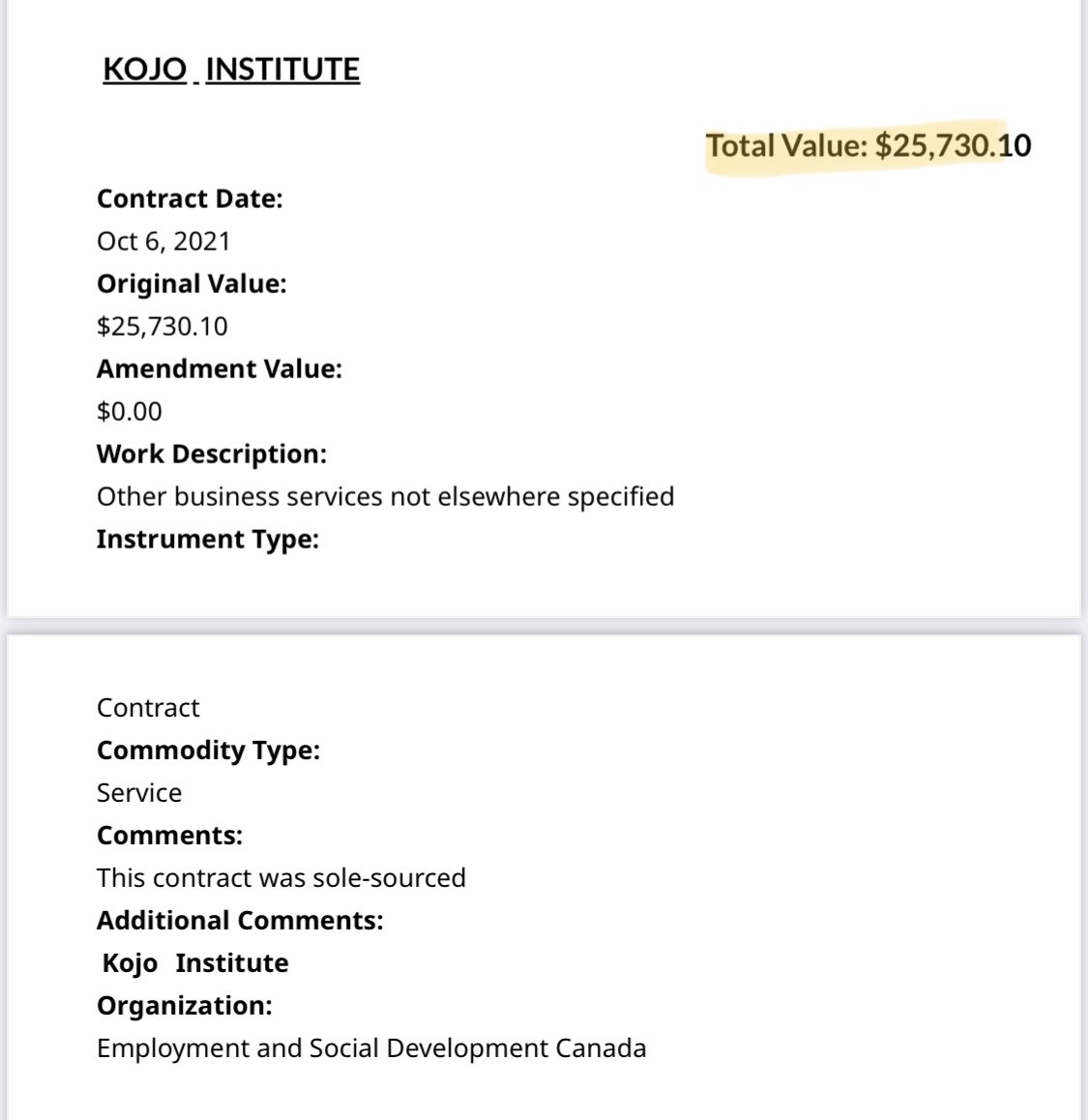 ChanLPfa's tweet photo. Here are federal gov contracts with @KojoInstitute totalling $96,196.90 since Oct 2021. 

This does not include their contracts with @hmcanada, @cdnwomenfdn, @CMA_Docs, @ETFOeducators, @camhfoundation, @TorontoStar, @McMasterU, @YorkUniversity, @UofT, @mylakehead, @CBC, @CityNewsTO, various school boards (@tdsb, @YRDSB, @TVDSB, @PeelSchools, @HCDSB, @YCDSB, etc.), and the list goes on and on.

“Oppressed” my ass. You are race grifters and bullies, and I hope you never earn another dollar pushing your divisive ideology on decent Canadians.