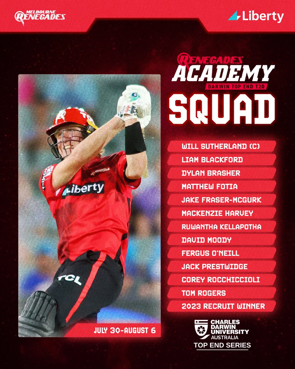 Our @NTCricket Top End T20 Academy squad is 🔒 in for next week The Chief will captain the side, with Maddo taking on coaching duties 🫡 Details: rngd.es/TopEnd23 #GETONRED
