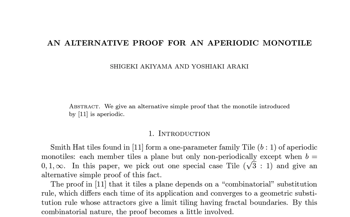 alytile's tweet photo. [NEWS] An alternative proof for an aperiodic monotile is  now on arxiv. We prove that Smith hat is tileable and aperiodic. Join work with Prof. Shigeki Akiyama.
スミス帽の「タイル張り可能」「非周期性」の別証明をarxivに公開。秋山茂樹先生との共同研究です。
https://t.co/grdCDXd8zH https://t.co/qGaVUARZUO
