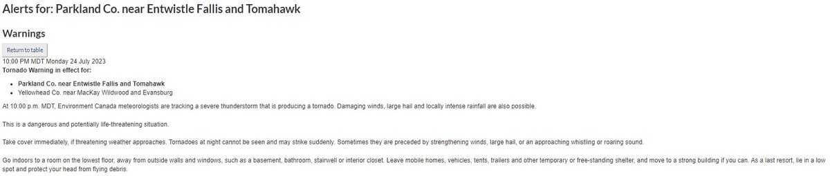 Environment Canada has issued a Tornado warning for Parkland County near Entwistle, Fallis and Tomahawk. For details: weather.gc.ca/?province=ab&z…… (10:05pm) #ABRoads #ABStorm