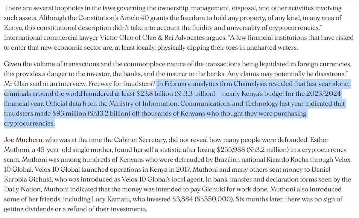 Data from Kenya's ICT Ministry shows that in 2022, crypto fraudsters made $93M (KES 13.2B) from Kenyans who thought they were purchasing cryptocurrencies:

[<a href="/NationAfrica/">Daily Nation</a>]
