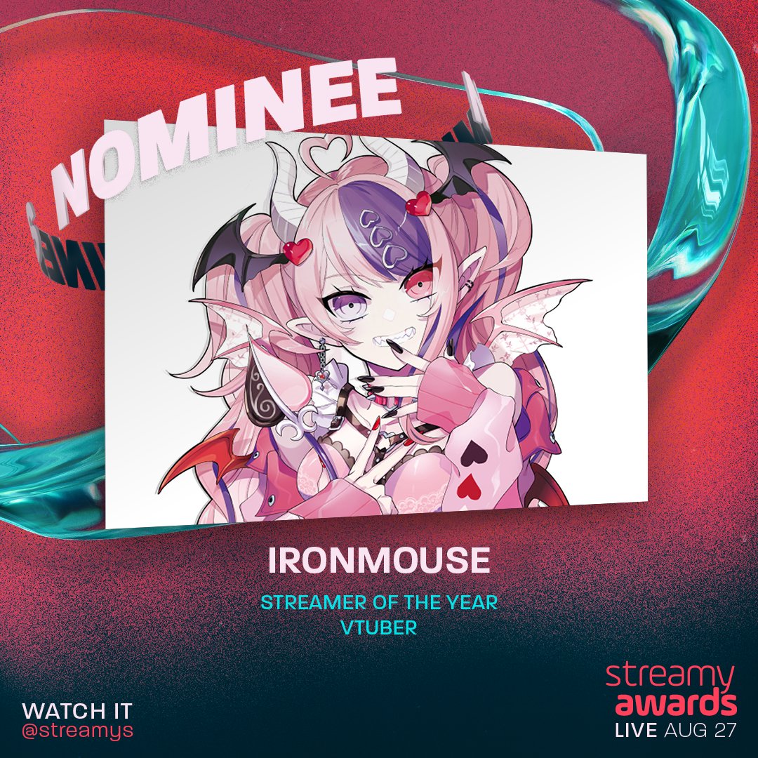ironmouse's tweet photo. Super excited and honored to be nominated at this year's Streamy Awards with so many other incredible people. Thank you so much for the nominations in 2 categories! Watch it August 27 on all @streamys platforms! #streamys https://t.co/lErYeJJwB0