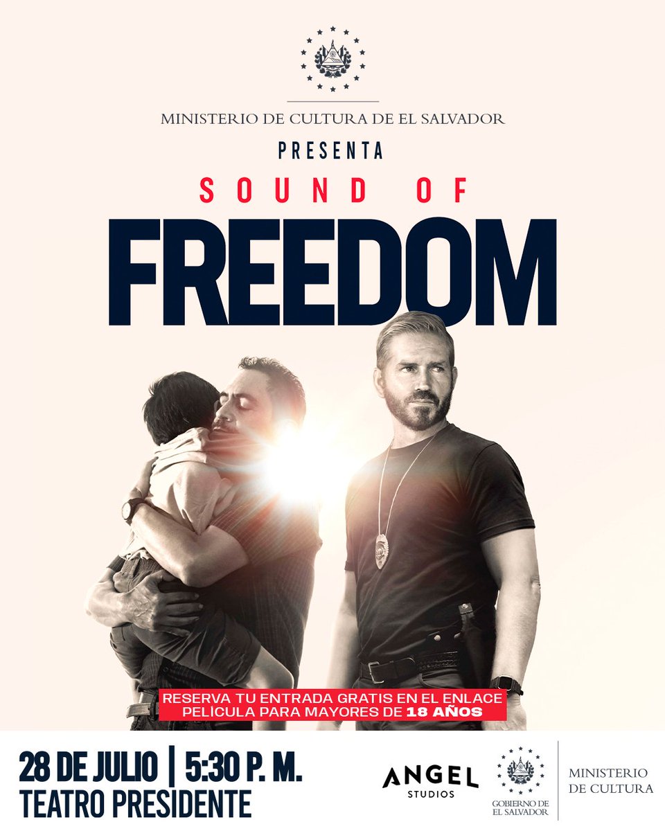 culturasv's tweet photo. 🍿Te invitamos al estreno en El Salvador de la esperada película “Sonido de libertad (Sound of freedom)”, este 28 de julio, a las 5:30 p. m.🎥🎞️

📍Teatro Presidente
🎟️Entradas con previa reserva gratis en: https://t.co/CXVooK2MqY https://t.co/mzAtqL7Bbs