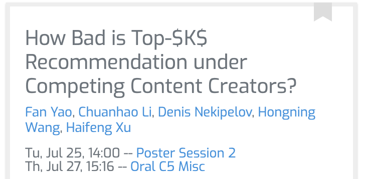 FanYao55671545's tweet photo. #ICML2023  Excited to share our ICML oral paper https://t.co/aPwAiS1i0X . Our result reveals the economic insight of content creator competition in recommendation platforms, which echos the insight of "invisible hand" from Adam Smith. Welcome to join our oral and poster sessions! https://t.co/CH7AJqIqVf