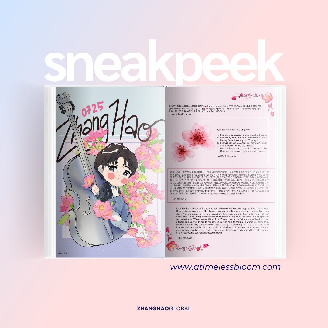 ZHANGHAOGLOBAL's tweet photo. [Zhang Hao Birthday Zine 🎻📖]

For our beloved Zhang Hao's birthday, we have put together this fanzine filled with artwork and messages from Rosins and Ze_roses all around the world 🥳🎁

You can view the zine on the website below.
🔗 https://t.co/I9UgZCjFbW

Additionally, we are sending both a digital and a printed copy to Zhang Hao 🎀

Zhang Hao, you turn another year older today, but we want you to know that to us, you are timeless. You embody the resilience of winter meihua, the blush of spring peonies, the fragrance of summer jasmine, and the passion of fall roses all at once 🌬🌸

It would be our honor to walk with you through every season of life 💘

OUR FOREVER PRIDE ZHANG HAO
#CelestialCenterZhangHaoDay
#나의여름_장하오_생일축하해
#全能ACE章昊0725生日快乐