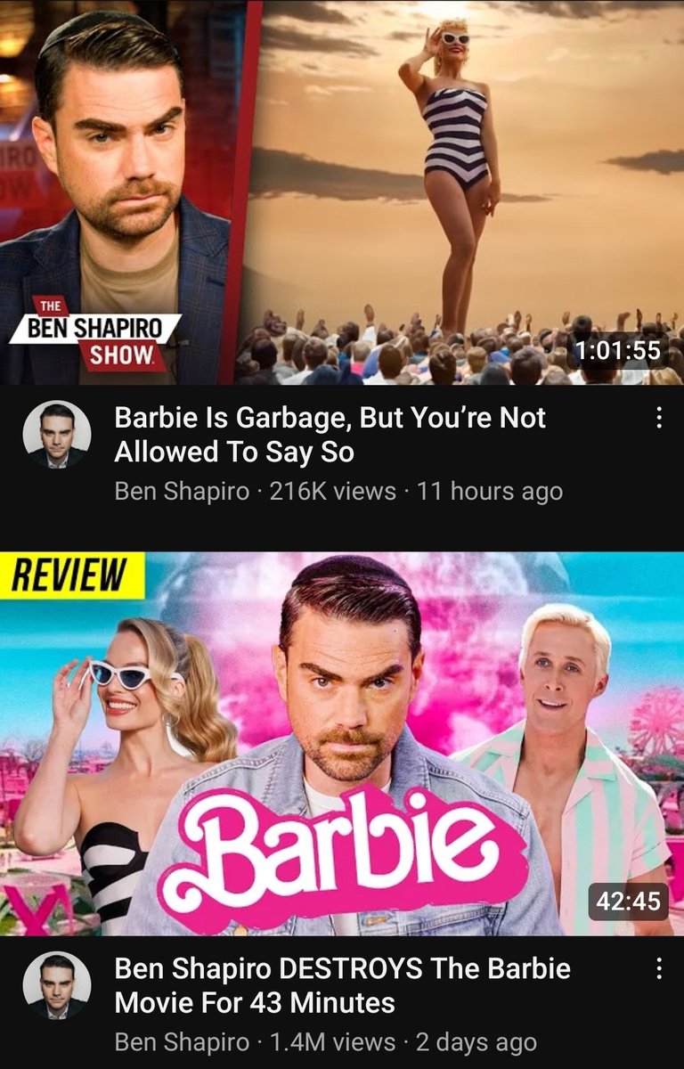 This man now has 2 videos on the Barbie Movie that total less then 10 minutes shorter then the actual movie. Ben, Ben... the movie made over 350 million globally opening weekend.