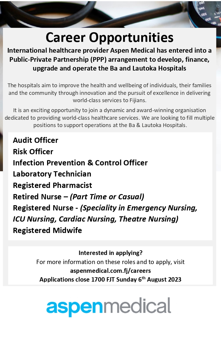 AspenMedicalFJ's tweet photo. Bula!
Have you seen our vacancies yet? Join our wonderful team, visit our website to apply today!.
#healthcarefiji
#FijiNews
#TeamFiji
https://t.co/QOrgHRZiTX https://t.co/ZknJIsLSO2