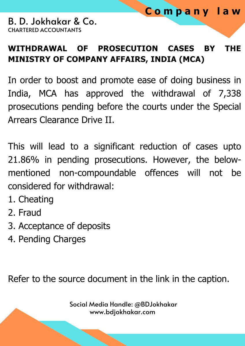 Withdrawal of prosecution cases by the Ministry of Company Affairs, India (MCA) 
Link to the Press Release: buff.ly/44DYU1Z 

 #CAnews #LawsinIndia #Legal #CompanyLaw #CA #CharteredAccountants
