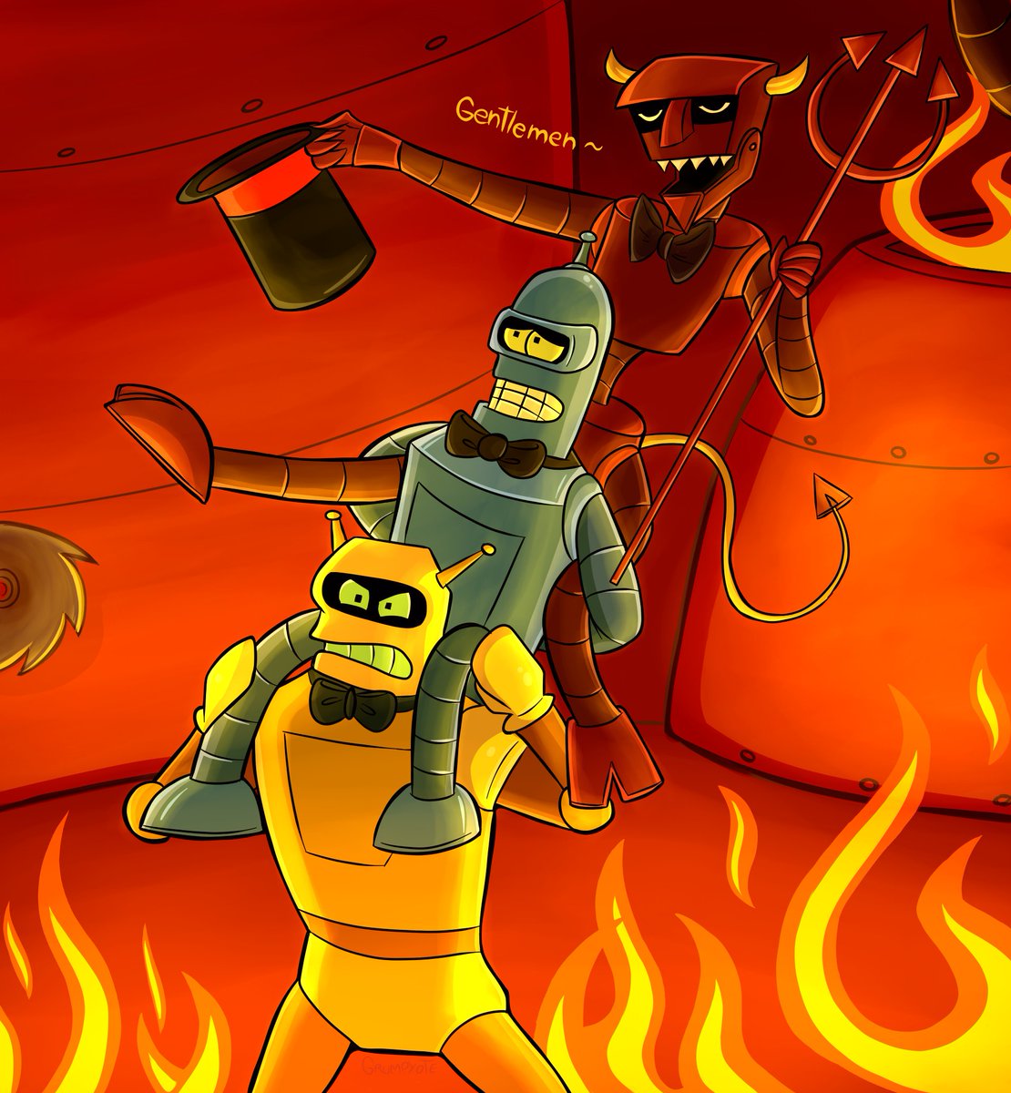 Grumpy0te's tweet photo. Yesterday the beginning of the new season of my favorite animated series premiered.
I did this drawing a few years ago when the series had finished, I would like to share it again cuz I LOVE THESE ROBOTS.
#Futurama #fanart #Bender #Beelzebot #Calculon https://t.co/Qa4er3Ish6