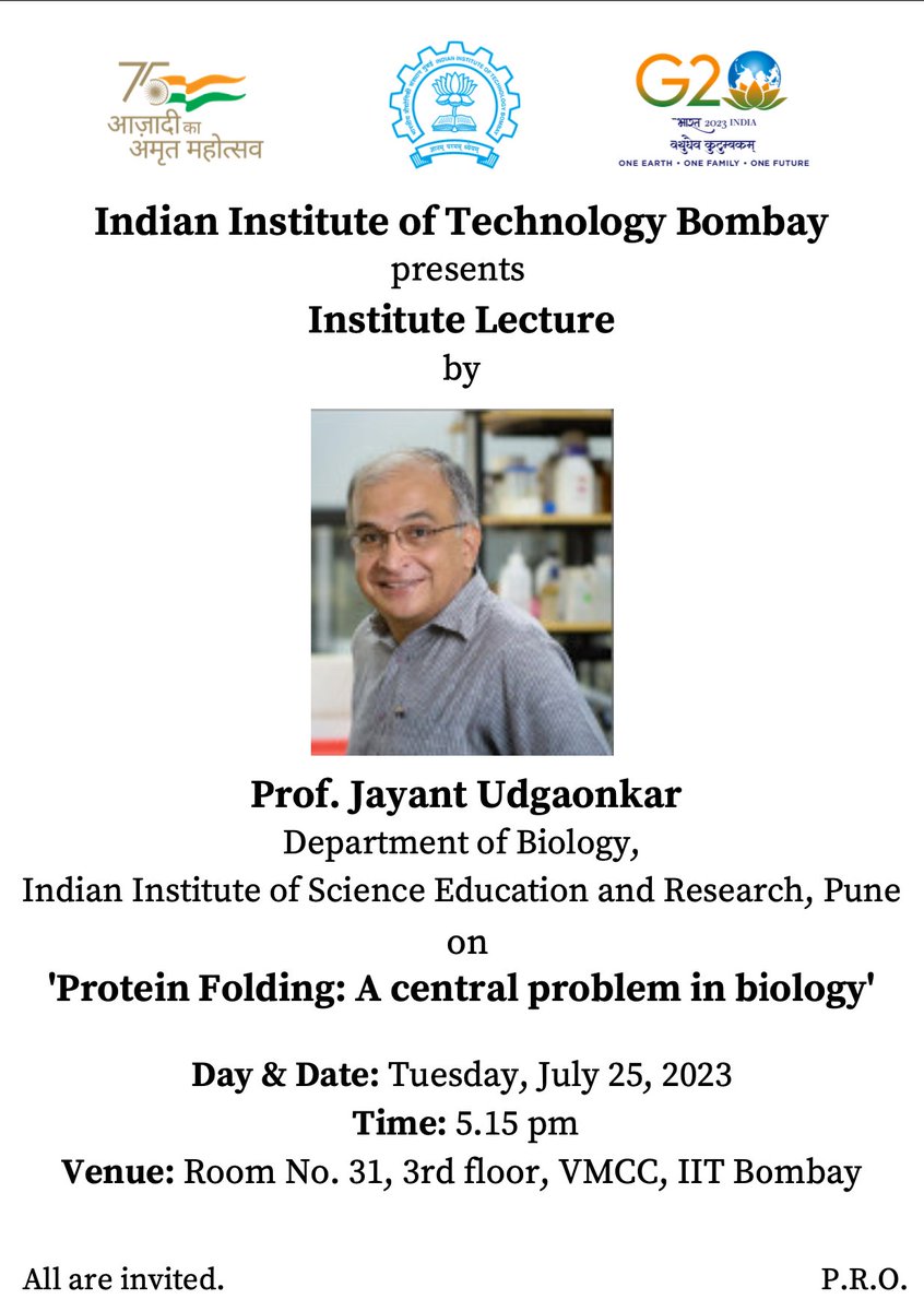 Biosciences & Bioengineering, IIT Bombay (@bsbeiitb) on Twitter photo Institute lecture by Professor Jayant Udgaonkar today 5:15 PM at 31, VMCC auditorium <a href="/iitbombay/">IIT Bombay</a>. All are invited. Institute lecture by Professor Jayant Udgaonkar today 5:15 PM at 31, VMCC auditorium <a href="/iitbombay/">IIT Bombay</a>. All are invited.