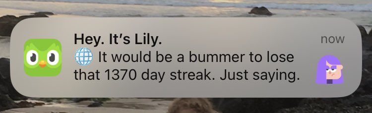 wurdsmyth's tweet photo. What’s with the threatening notifications, @duolingoUK?
“Nice streak you have there. Be a shame if you lost it…”
I’m supposed to be learning a language, not dancing with the mafia! 😳
#YchAFi #DysguCymraeg https://t.co/ma6FUeIA27
