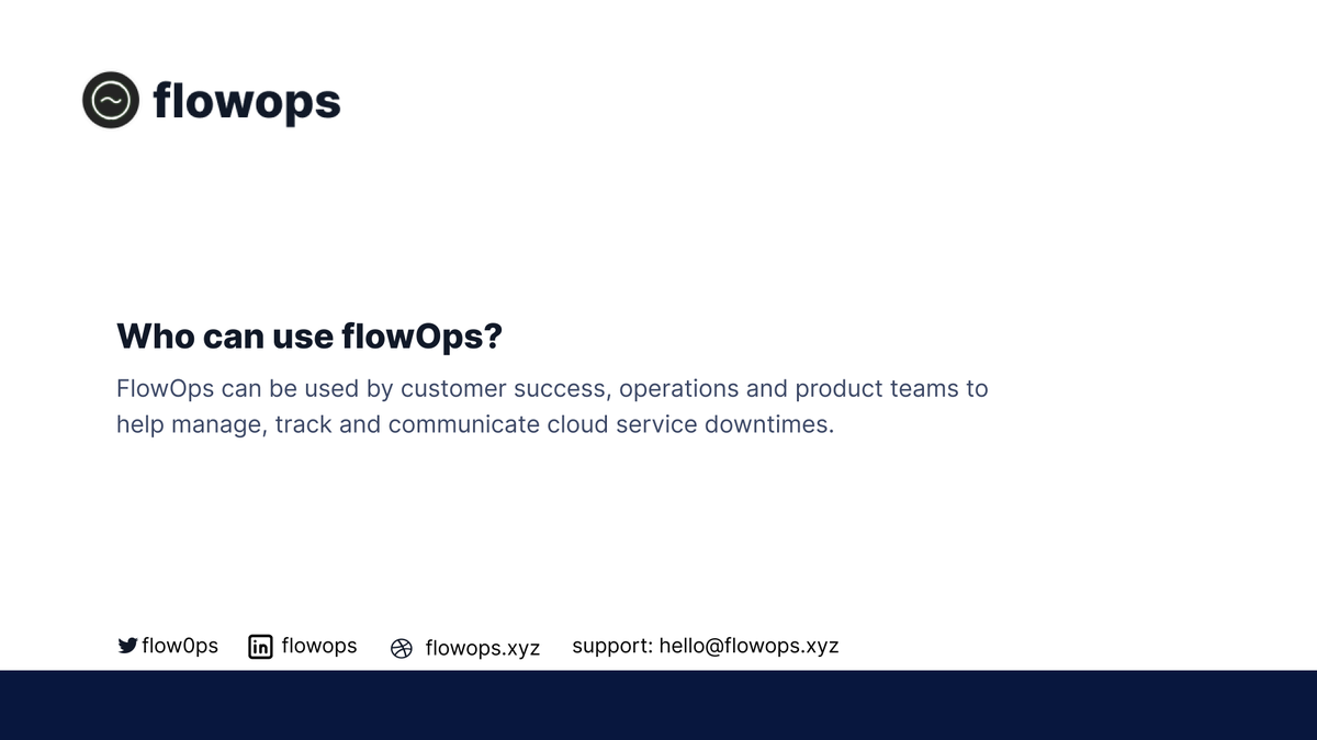 flow0ps's tweet photo. FlowOps is designed to streamline cloud service downtime management, tracking, & communication!
Customer success, operations, and product teams will find FlowOps invaluable in enhancing their workflows
Start now on https://t.co/JHwZdNbSFY
#flowops https://t.co/ioMOKmURLf