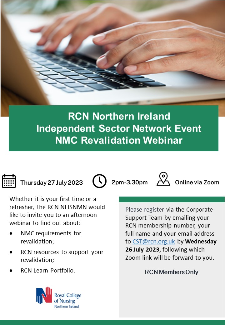rcnnilibraries's tweet photo. Are you a #NMC registered #nurse #revalidating for the first time or do you want a refresher on the #revalidation process? Join the @RCN_NI
Independent Sector Network Event this Thursday 💻
@theRCN members ONLY
Contact: CST@rcn.org.uk to register https://t.co/zUFDjnuFL4
