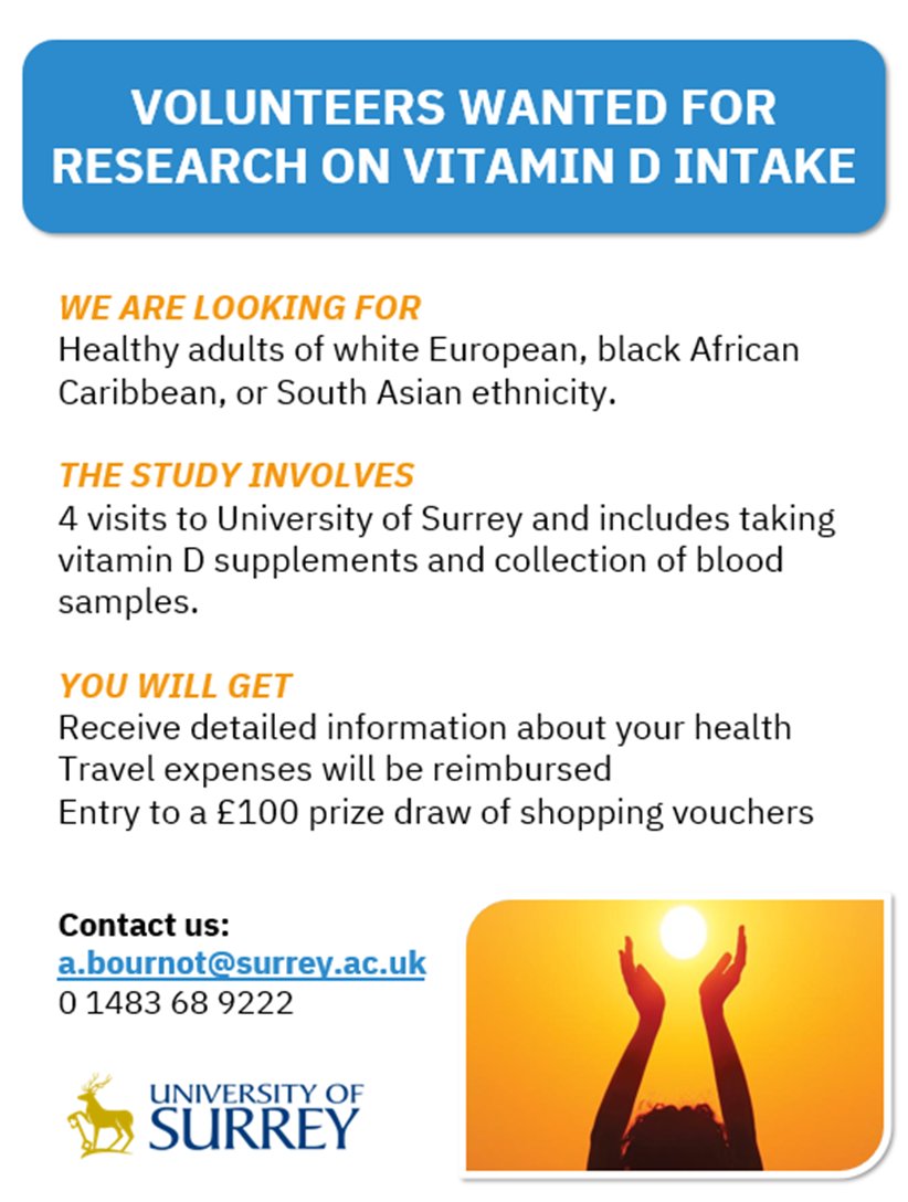 We are recruiting healthy volunteers for our nutrition research study <a href="/UniOfSurrey/">University of Surrey</a>. Contact me at a.bournot@surrey.ac.uk for more info!