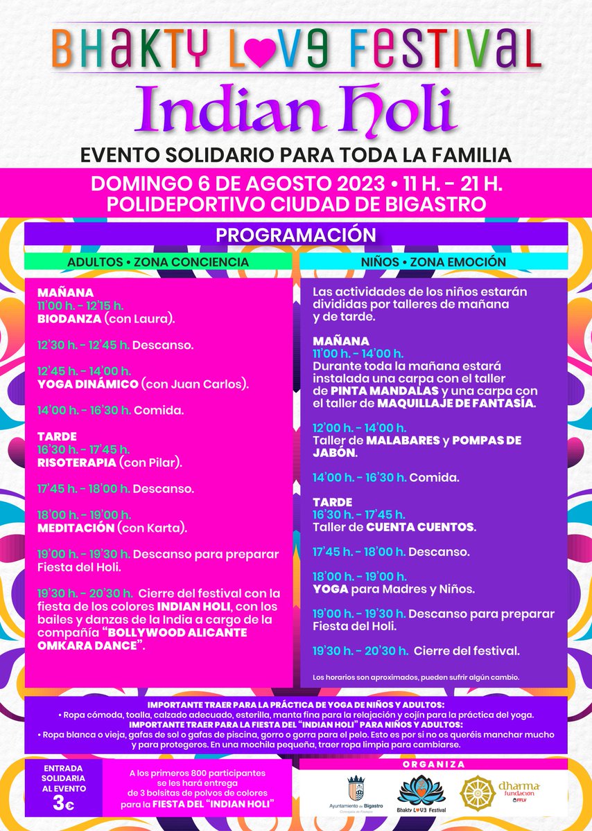 Fundharma's tweet photo. BHAKTY  L💖VE  FESTIVAL “Indian Holi"♥️♥️
Evento solidario con actividades de, Yoga, Meditación, Música, Conciencia, Danza y transformación.                                                                                              
Domingo 6 de Agosto,de 11 de la mañana a 21 h https://t.co/ww6vVldm3n