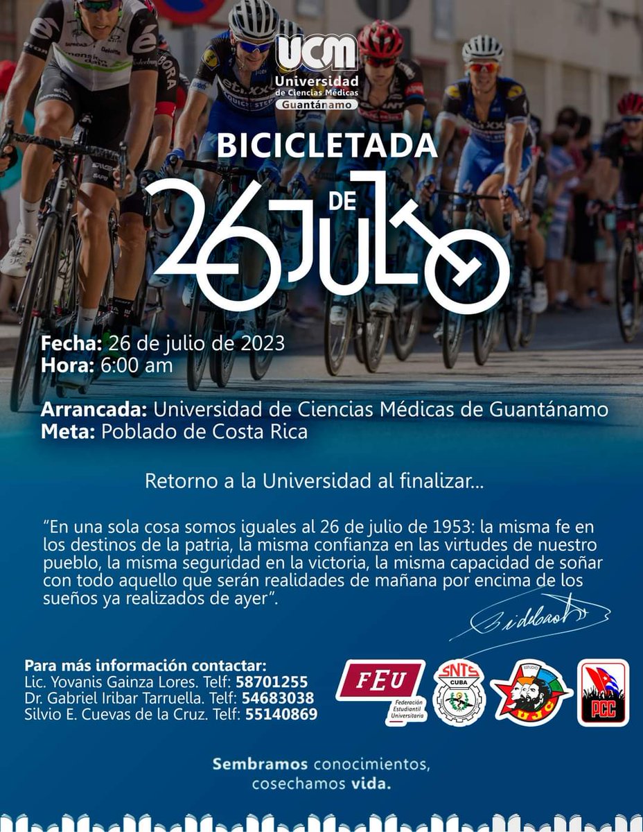 Los jóvenes de <a href="/ucmedguantanamo/">Universidad de Ciencias Médicas de Guantánamo</a>  saludan los #70DelMoncada con una bicicleta da #TenemosMemoria <a href="/DiazCanelB/">Miguel Díaz-Canel Bermúdez</a> <a href="/DrRobertoMOjeda/">Dr. Roberto Morales Ojeda</a> 
<a href="/InesMChapman/">Inés María Chapman Waugh</a> 
<a href="/CanalCaribeCuba/">Canal Caribe</a> 
<a href="/TV_Solvision/">Telecentro Solvisión</a> @prensaguantanamo
@DeGuanamo <a href="/UJCdeCuba/">UJC de Cuba</a> 
@ FeudCuba
<a href="/ruby_maynard17/">Ruesther</a> 
<a href="/japort/">japort</a>