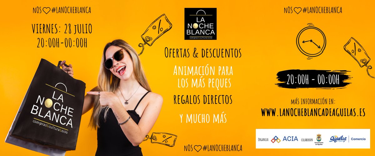 ¡No puedes faltar!

👉 Este viernes, de 20:00h a 00:00h, los comercios asociados te traen descuentos y ofertas de locura en #LaNocheBlanca del Comercio.

🎈 Nuestras calles se llenarán de diversión con animación y espectáculos. 

+ info: lanocheblancadeaguilas.es