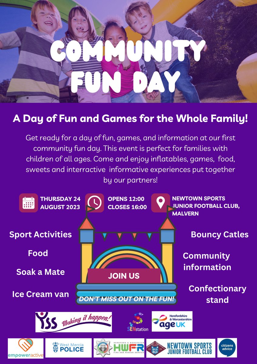 🎉We are excited to announce our first Community Fun Day on the 24th of August. 

➡️If you are around Malvern and want to enjoy  food, ice cream, games for all ages and inflatables come and join us!

A number of organisations will be there as well giving information.