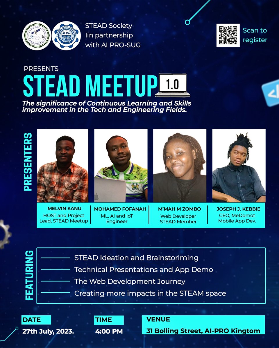 TheSteadSociety's tweet photo. 🌟 Join Us at the STEAD Meetup! 🌟

Are you passionate about Science, Technology, Engineering, Arts, and Design? 🚀 Do you believe in the power of continuous learning and upskilling in the ever-evolving tech and engineering world? 🌐🛠️ https://t.co/wTBWLokydF