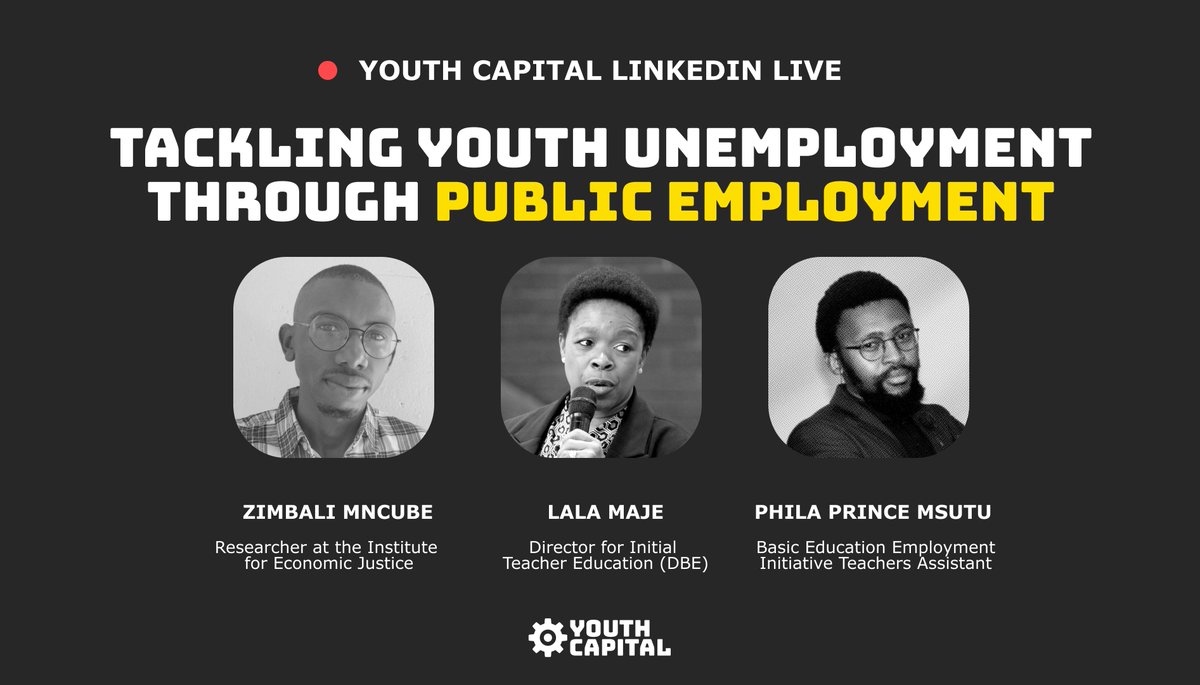 Join <a href="/Zimbali_Mncube/">Zimbali Mncube</a>, the IEJ's Tax &amp; Budget Policy Researcher, tomorrow to unpack 'Tackling Youth Unemployment Through Public Employment' with <a href="/YouthCapitalSA/">Youth Capital</a> on LinkedIn Live. 
🗓️ Wednesday, 26 July
🕛 12:00pm 
👉🏾 bit.ly/476W6MH
#FundOurFutures
