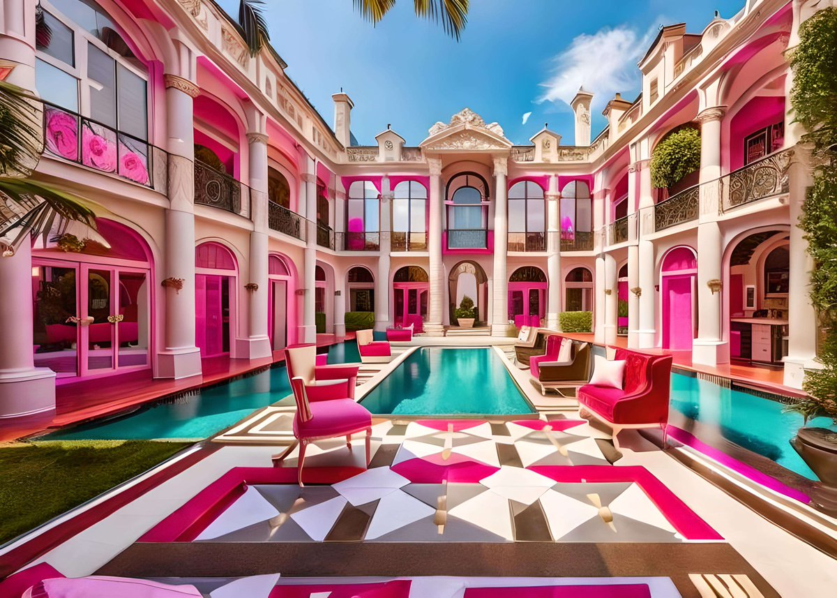 LunaRaines's tweet photo. #bluewillow #barbiemovie  Barbie inspired dream baroque mansion. Created from Blue Willow AI. https://t.co/hl8y2AClPq