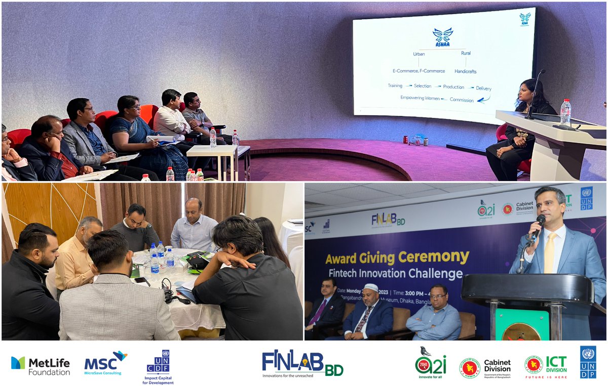 MicroSave's tweet photo. #FinLabBD’s FinTech Innovation Challenge cohort 1 started with an impressive 123 applicants. After rigorous selection, 8 finalists received hands-on mentorship. The journey concludes with 3 winners crowned by @MicroSave, @UNCDF, & @a2i_bd for #financialinclusion in #Bangladesh🏆🇧🇩