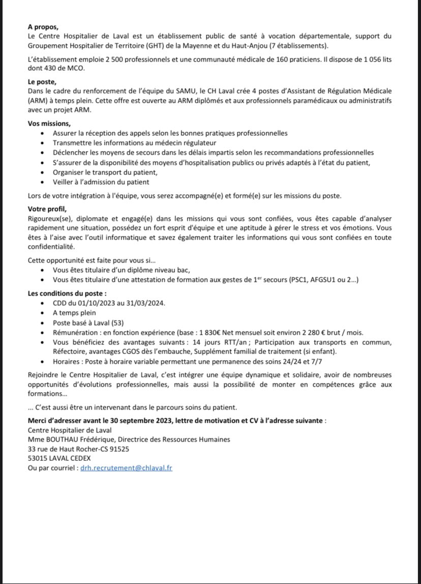 AFARM_SAMU's tweet photo. [ 🧑‍💻 Offre d'Emploi - Recrutement 🧑‍💻 ] AFARM

#appelsurgencessante #regulationmedicale #SAMU #urgences #hopital 

Le #SAMU53 du CH de Laval recherche #ARM pour son #CRRA15.
En binôme avec le médecin régulateur, vous serez le premier maillon de la chaîne des #secours. https://t.co/3VKPLPaPH5