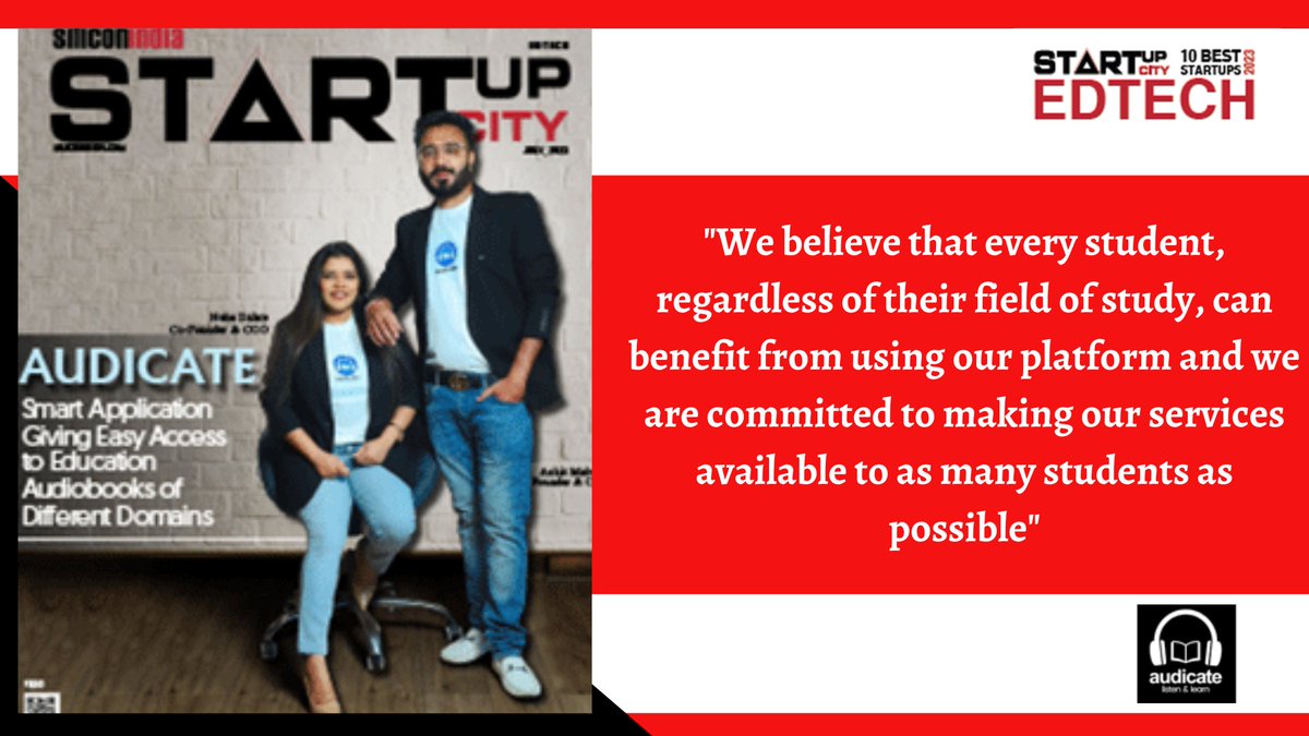 @audicateindia has been selected by SiliconIndia as one of the 'Top 10 Edtech Startups - 2023'.

Article: lnkd.in/gUm7Xitj

Ankit Malviya, Founder & CEO, Neha Dahre, Co-Founder & COO  

#EdtechStartups #globalEdtech #Edtech #EducationIndustry
#Technologies #education