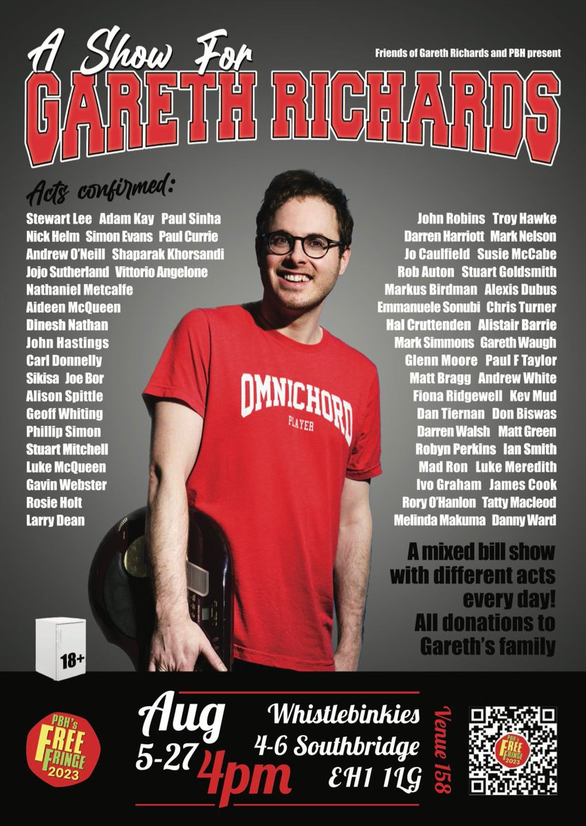JokesWithMark's tweet image. We are pleased to announce ‘A Show For Gareth Richards’ and would like to thank everyone across our industry who has come together to guarantee that it will be THE event of this year’s Festival. Please share the details widely, and make this the joyful celebration Gareth deserves