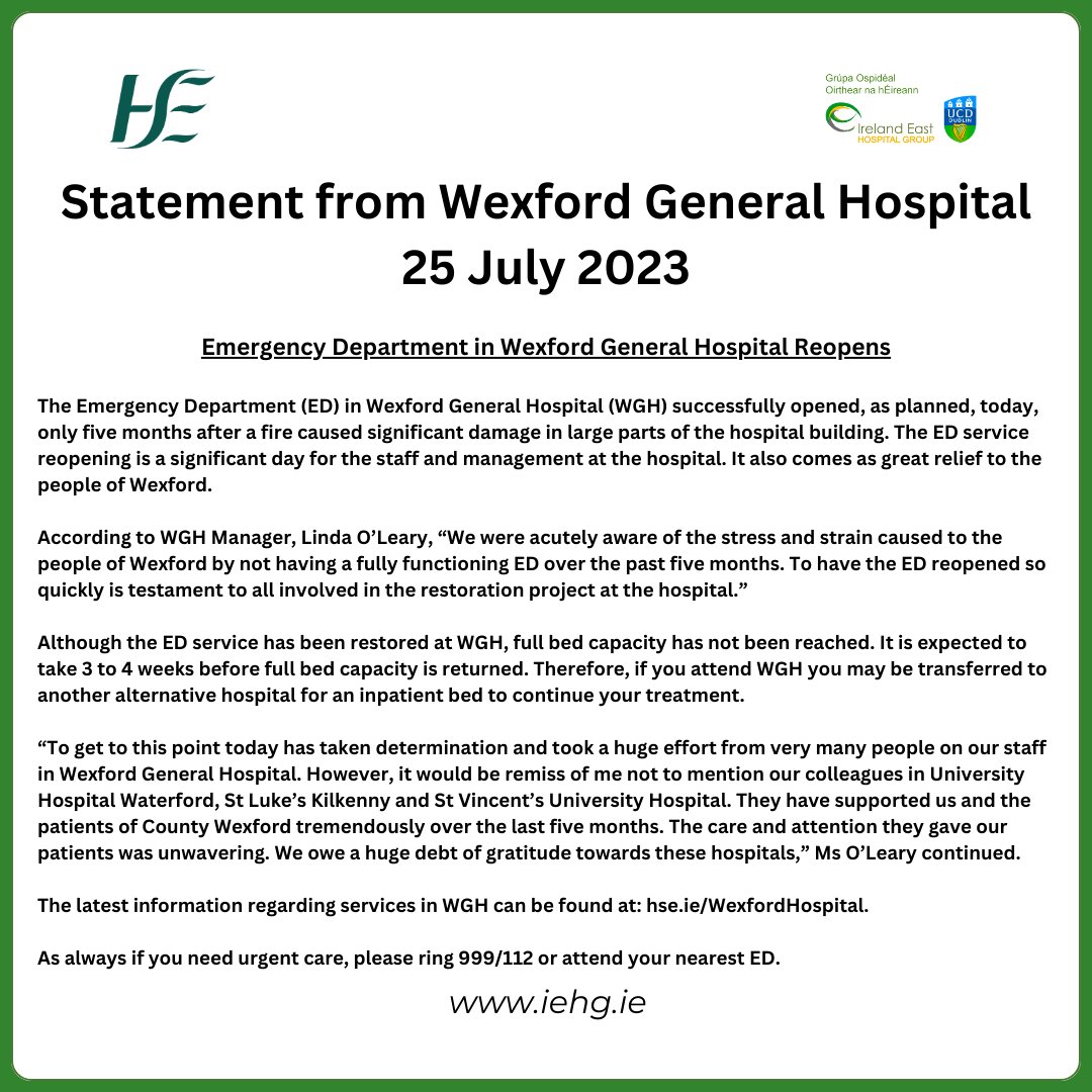 HSE Dublin and South East (@hsedubsoutheast) on Twitter photo The ED in <a href="/WexGenHosp/">Wexford General Hospital</a> successfully re-opened this morning following a fire in March which damaged large parts of the hospital building.
We are delighted for our colleagues in Wexford who worked extremely hard over the past five months for their patients to make this happen. The ED in <a href="/WexGenHosp/">Wexford General Hospital</a> successfully re-opened this morning following a fire in March which damaged large parts of the hospital building.
We are delighted for our colleagues in Wexford who worked extremely hard over the past five months for their patients to make this happen.