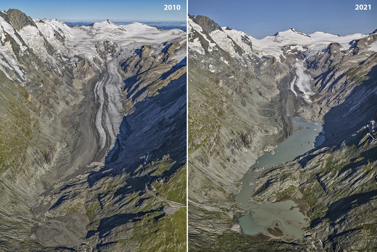 Pasterze Glacier 2010 | 2021 Dislocation of the largest Austrian glacier over the last decade! ❄️🔥 A lake replaced the floodplain where numerous early Holocene subfossil woods were found since the 1990s. The tongue is no longer fed by any accumulation. 1/ Pics: @EdmaierAerials