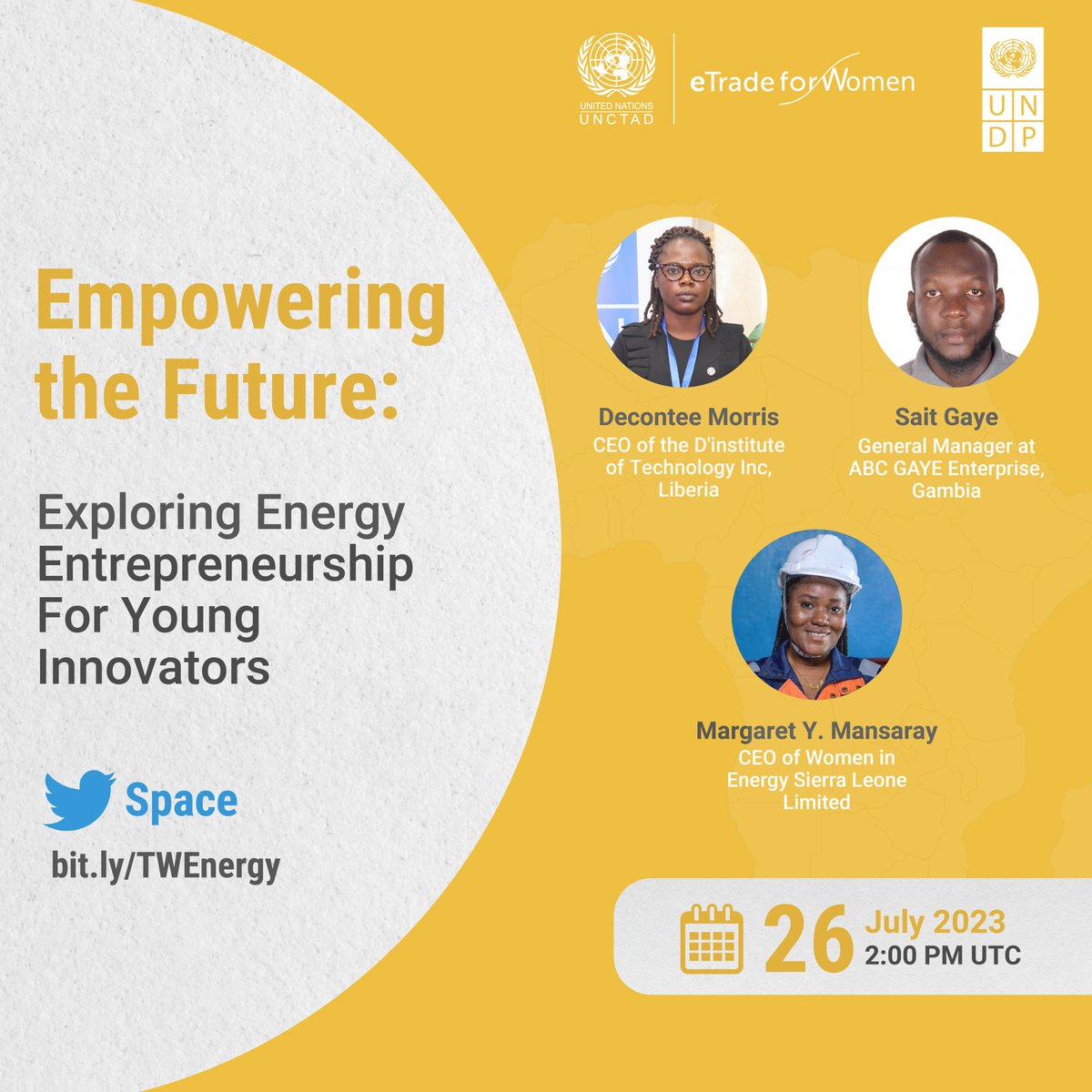 UNDPWACA's tweet photo. 🚀 Exciting news! Join our #TweeterSpace on #EnergyEntrepreneurship in Africa 🌍
🔍 How did successful energy entrepreneurs overcome challenges in launching & scaling their projects? Get valuable advice from those who've been there!
👉https://t.co/3bqpPlkPpq
#AfricanEntrepreneurs https://t.co/C0FW1QSetR