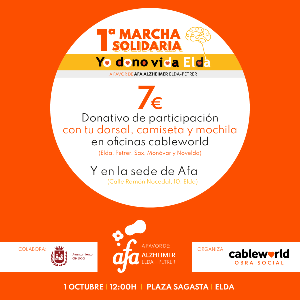 cableworld's tweet photo. 🧡𝟭ª 𝗠𝗔𝗥𝗖𝗛𝗔 𝗦𝗢𝗟𝗜𝗗𝗔𝗥𝗜𝗔 3KM 𝗬𝗼 𝗗𝗼𝗻𝗼 𝗩𝗶𝗱𝗮 Elda🧡

Nuevo evento de @obrasocialcw, en esta ocasión a favor de @afa_elda.  

📆El 1 de oct. a las ⏰12h tienes una cita en 📍Plaza Sagasta, Elda para participar en esta marcha de 3KM. https://t.co/BHX0Ry4npm
