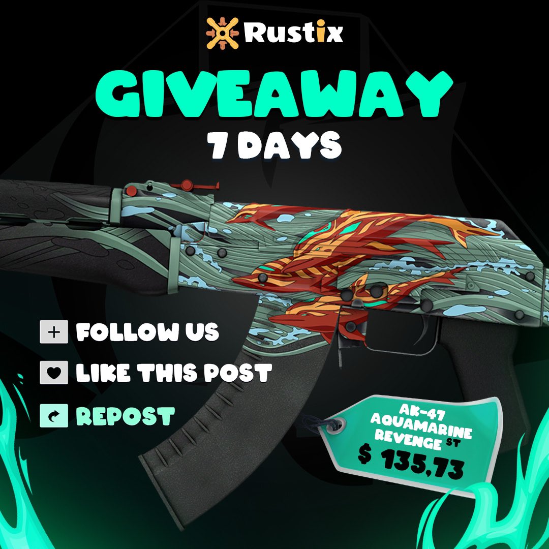 reindeergw's tweet photo. 🔥CS:GO GIVEAWAY🔥

🎁AK-47 | STATTRAK AQUAMARINE REVENGE ($135.73)

➡️TO ENTER :

✅Follow me &amp; @Rustix_io 
✅Retweet + Like
✅Tag 1 friend 

📅Giveaway ends in 7 days!  

#CSGOGiveaway #csgogiveaways #CSGO https://t.co/o8mFiiSSin