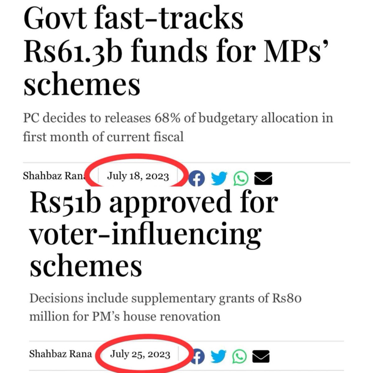 ایک طرف IMF سے کڑی شرائط پر قرض لیکر ملک کو ڈیفالٹ کو ٹالا گیا ہے دوسری جانب نالائق اعظم شہباز شریف آئندہ انتخابات کے لئے 103 ارب روپے کی اپنے امیدواروں کو بانٹ کر انتخابات سے پہلے ہی دھاندلی شروع کردی ہے۔ یہ پیسہ غریب کے لئے آٹا اور بجلی سستی کرنے پر لگنا چاہئے بجائے ایسے بے جا