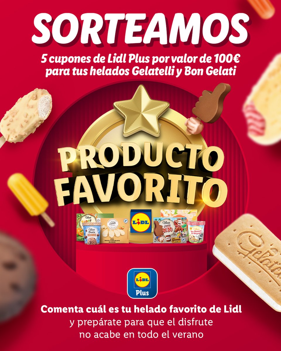 🍧 ¡SORTEAMOS 5 CUPONES DE 100€ EN HELADOS! 🍧

Para participar solo tienes que:

✅ Seguir a <a href="/lidlespana/">Lidl España</a>
❤ Dar like a esta publicación
🔄 Compartir esta publicación
💬 Comentar cuál es tu helado favorito de Lidl junto al hashtag #LosFavoritosDeLidl