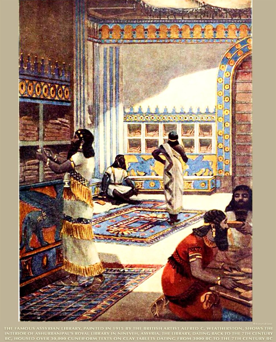 TodayAssyria's tweet photo. The Famous #AssyrianLibrary, painted in 1915 by the British artist Alfred C. Weatherston, shows the interior of #AshurbanipalsLibrary in #Nineveh, #Assyria. The library, dating back to the 7th century BC, housed over 30,000 #cuneiform texts on #claytablets dating https://t.co/K683w2fVUz